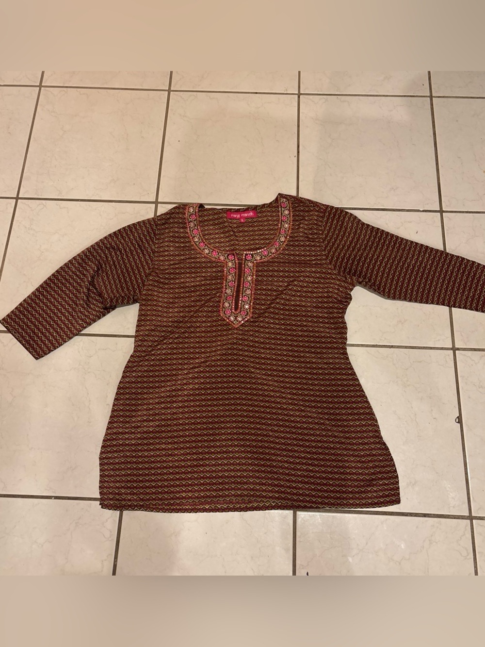 Embroidered Neck Brown Printed Tunic with Pink Accents